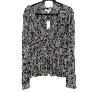 LES SEREIN Women Blouse XXL Black White Paisley Smocked Waist Boho Peplum Top